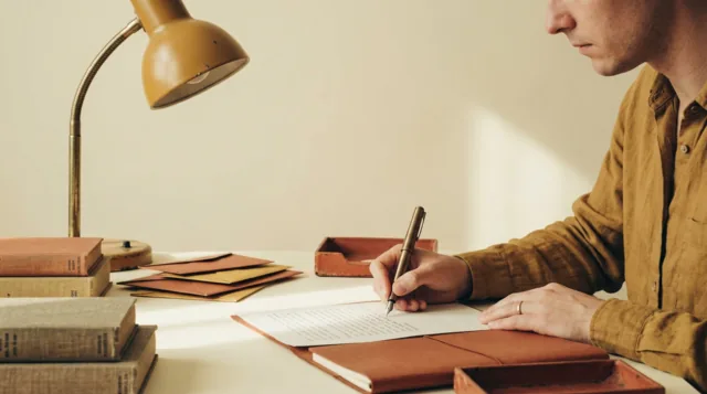 Konzentriertes Schreiben mit Füller auf Papier an einem warmen Vintage-Schreibtisch mit Terracotta-Ledermappen und Senflampe — Sinnbild für aufmerksames Prüfen statt schnelles Tippen
