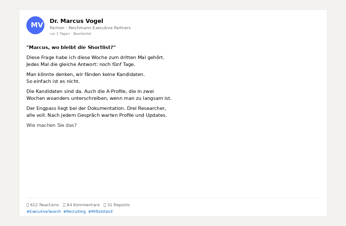 Beispiel: LinkedIn-Post eines Wunschkunden über KI-Integration im Search-Prozess